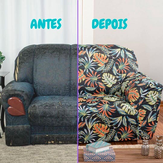 capa de sofá 2 e 3 lugares antes e depois