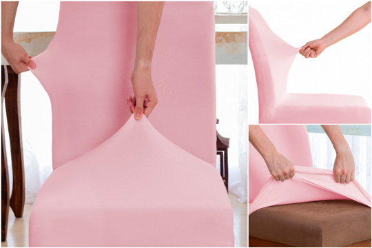 montagem com imagens que mostram a elasticidade da capa de cadeira de jantar da Charme do Detalhe