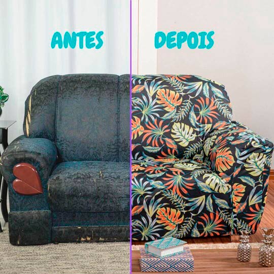 imagem de antes e depois de reforma de sofá utilizando capa para sofá
