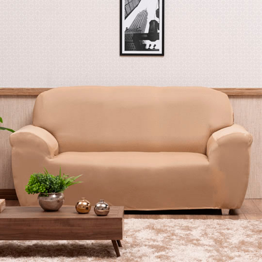 sofá de dois lugares com capa de tecido de elastex bege