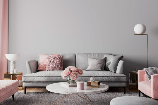 decoração rosa com cinza para sala de estar