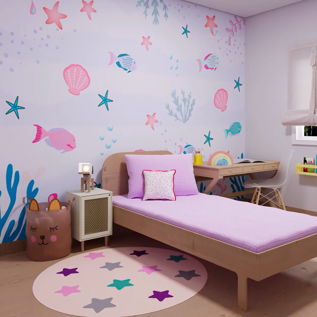 quarto infantil com decoração rosa e tapete redondo estampado com estrelas