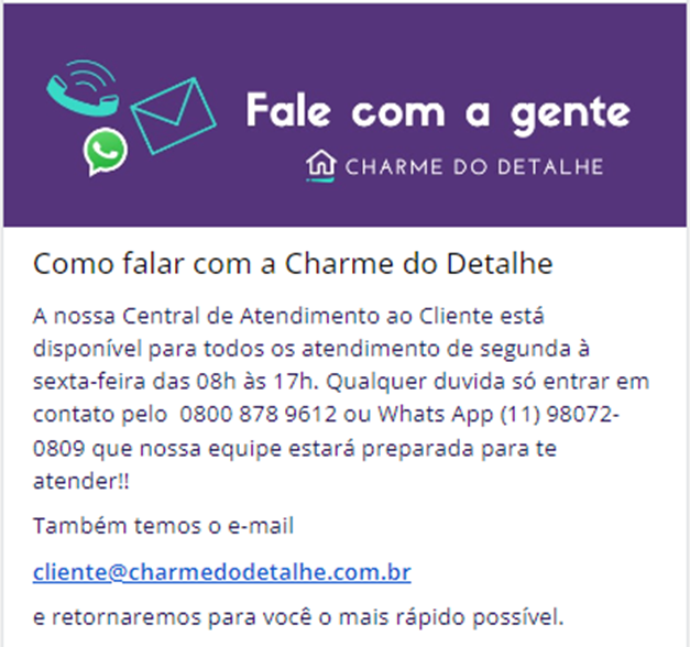 Canais de atendimento Charme do Detalhe