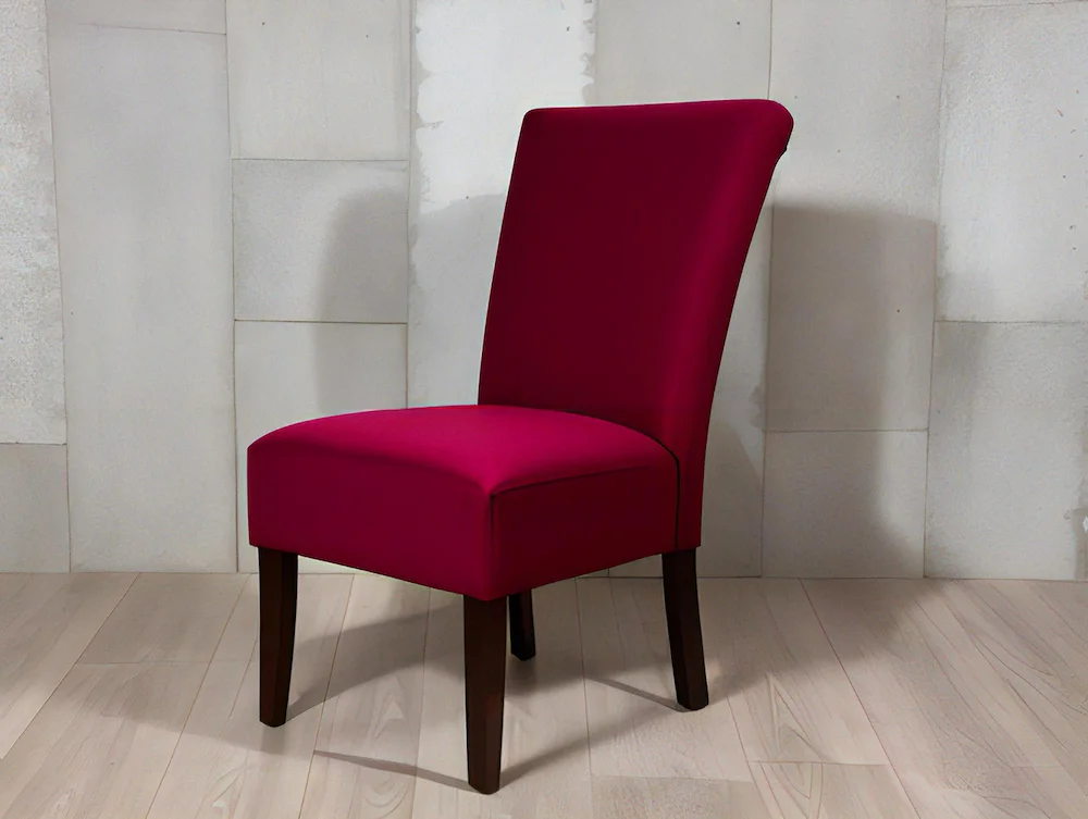 Imagem de uma capa para cadeira de veludo vermelha encapada em uma cadeira.