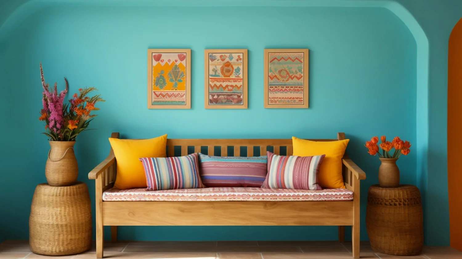 decoração vermelho, azul e amarelo