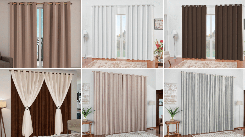 Imagem com seis modelos diferentes de cortinas para sala ou quarto, ideais para o inverno. As cortinas variam entre tons neutros e escuros, incluindo bege, branco, marrom, rosé e cinza, com estilos que vão do blackout ao voil decorativo. Todas estão instaladas em ambientes aconchegantes, decorados com móveis clássicos e iluminação suave.