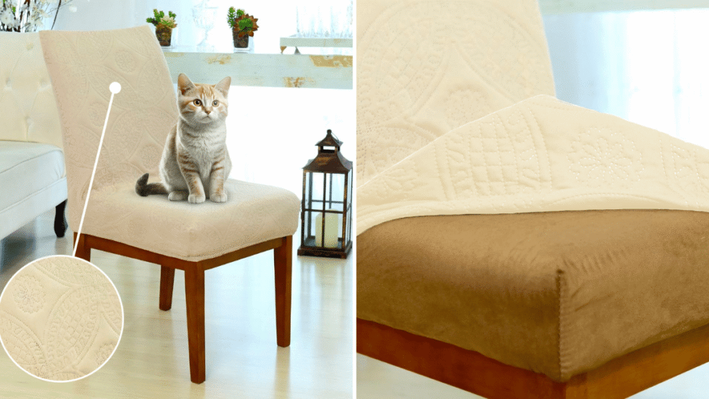 Capa de cadeira acolchoada na cor avelã com estampa discreta, protegendo o assento onde está sentado um gato, ideal para quem tem pets em casa.