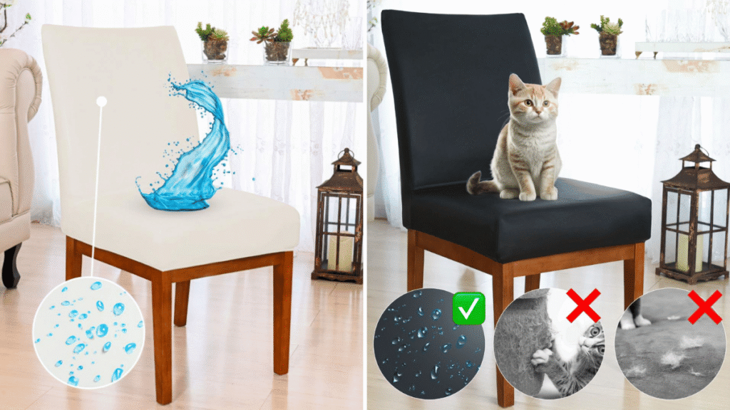 Cadeiras com capas impermeáveis nas cores bege e preta. A capa bege mostra resistência à água, e a capa preta com um gato sentado demonstra proteção contra arranhões e pelos, ideal para casas com pets.
