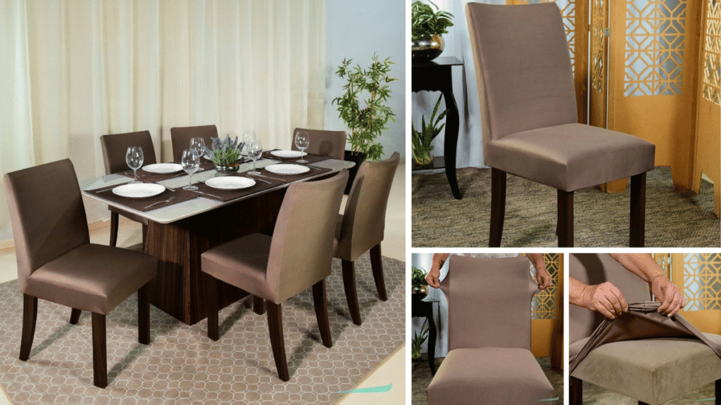 Conjunto de cadeiras com capa na cor chocolate, com tecido elástico ajustável, ideal para renovar a sala de jantar com sofisticação e praticidade.