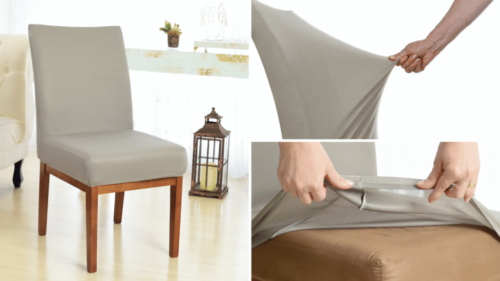 Capa elástica cinza claro para cadeira, com ajuste perfeito e tecido resistente, perfeita para ambientes clean e modernos.