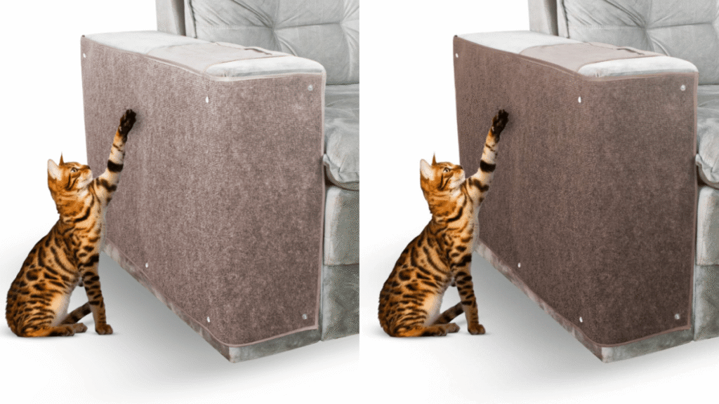 Gato listrado arranhando protetores laterais de sofá revestidos com tecido resistente, instalados para evitar danos.