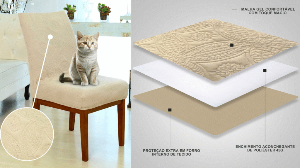 Capa de cadeira acolchoada com estampa floral em tom bege, mostrada com um gato sentado sobre ela; ao lado, uma ilustração em camadas destaca a composição do tecido com malha gel confortável, enchimento de poliéster e forro interno protetor.