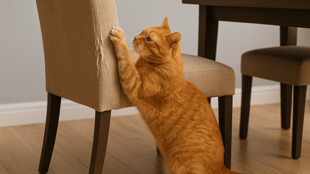 Gato laranja arranhando a lateral de uma cadeira de tecido bege, mostrando sinais visíveis de desgaste no estofado.