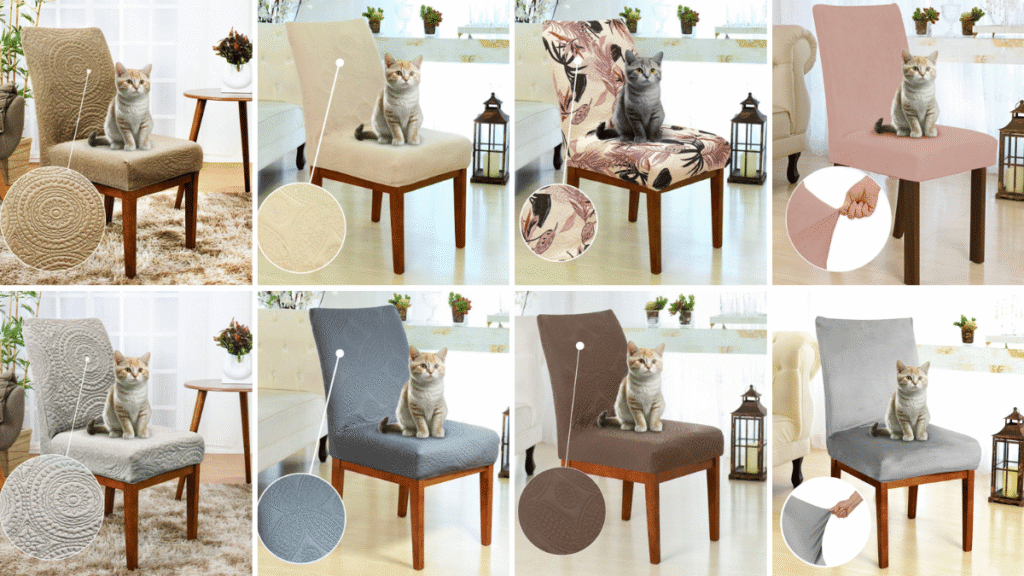 Vários modelos de capas de cadeira anti gato em diferentes cores e estampas com gatos sentados, ideais para proteger e decorar.