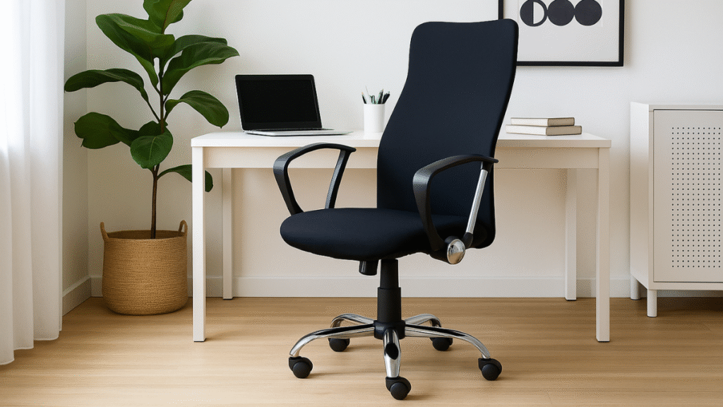 Home office moderno e clean com decoração minimalista. Em destaque, uma cadeira de escritório com capa preta, posicionada em frente a uma mesa branca com um notebook, porta-lápis e alguns livros. Ao lado, um vaso grande com planta verde traz um toque natural ao ambiente. Na parede, um quadro com arte abstrata em preto e branco completa a composição elegante.