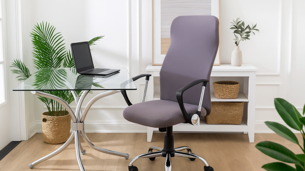 Home office moderno e elegante com decoração clean em tons neutros. No centro, uma cadeira de escritório com capa cinza, posicionada ao lado de uma mesa de vidro com estrutura metálica. Ao fundo, parede branca com painel decorativo, prateleira com cestos de palha e um vaso com folhagem. Plantas verdes complementam o ambiente, trazendo leveza e frescor ao espaço.