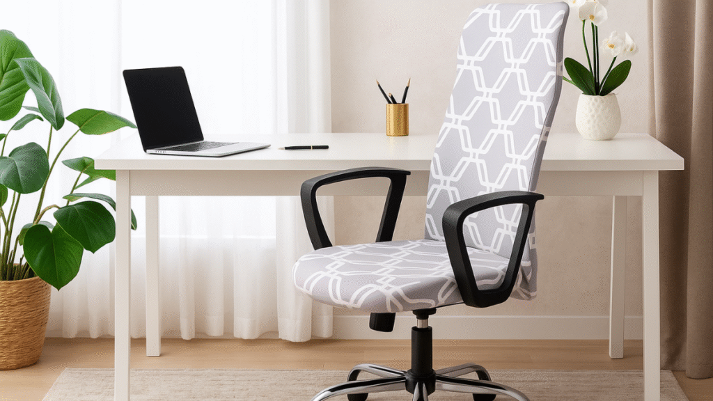Home office com decoração minimalista e sofisticada. Em destaque, uma cadeira de escritório com capa estampada em tons de cinza claro e branco com padrão geométrico. Ao fundo, uma mesa branca com um notebook, um porta-lápis dourado, uma caneta e um vaso com flores brancas. Cortinas de tecido leve e uma planta em vaso de palha trazem leveza e um toque natural ao ambiente.