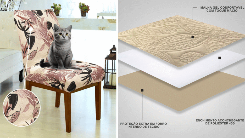 Capa Protetora de Cadeira Arranhão Gato Acolchoada - Boho – Cadeira com estampa boho em tons terrosos, com gato sentado, destacando proteção contra arranhões. Camadas internas do tecido acolchoado com malha gel e enchimento macio.
