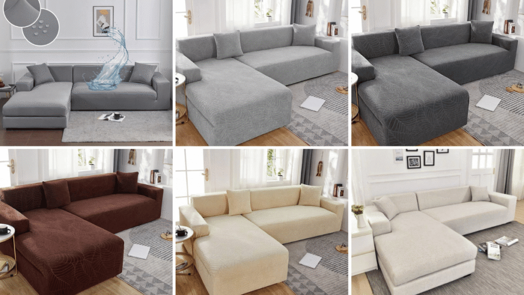 Grade com seis modelos de capas para sofá de canto em diferentes cores e estilos: cinza impermeável com efeito de respingos d’água, cinza claro, cinza escuro, marrom, bege e cru. Todas ajustadas em sofás modernos, demonstrando variedade de tons e texturas.