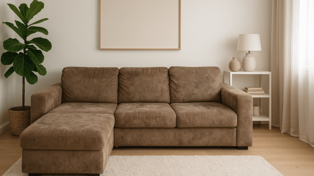 Sofá retrátil marrom, com aparência desgastada, posicionado em uma sala bem decorada, iluminada e elegante — destacando o contraste entre o ambiente bonito e o sofá sem capa.