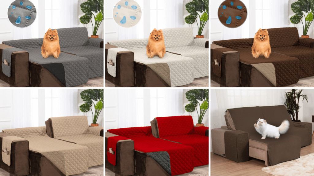 Galeria de seis sofás retráteis com capas protetoras impermeáveis em diferentes cores (cinza, bege, branco, marrom, vermelho), todos com design acolchoado. 