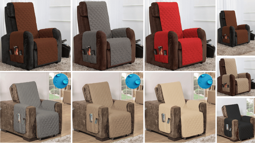 Montagem com várias poltronas exibindo diferentes cores de capas protetoras acolchoadas da Charme do Detalhe, incluindo tons de marrom, cinza, vermelho, bege, caqui e preto. Algumas opções destacam a função impermeável com ícones de gotas d’água. As poltronas estão posicionadas em ambientes variados, com decoração de sala e iluminação natural.