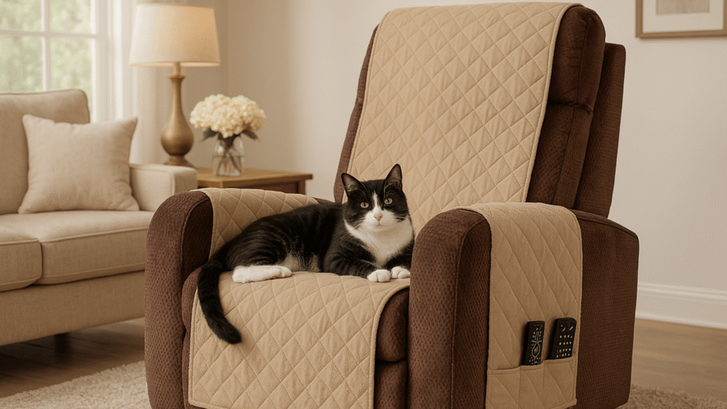 Poltrona marrom com capa protetora bege acolchoada, com bolsos laterais contendo controles remotos, em uma sala aconchegante com sofá claro, luminária de chão e arranjo de flores. Um gato frajola (preto e branco) está deitado sobre a poltrona, trazendo um toque pet-friendly ao ambiente.