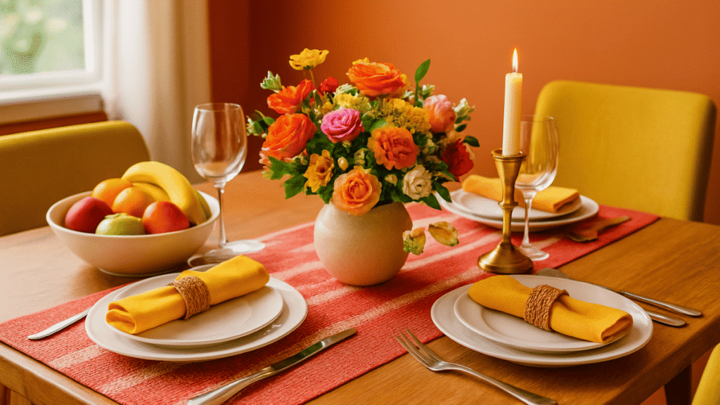 Mesa posta colorida e vibrante com trilho vermelho, pratos brancos com guardanapos amarelos e porta-guardanapos de palha, taças de vidro, talheres de inox e um arranjo central com flores em tons de laranja, rosa e amarelo. Ao lado, uma fruteira com frutas da estação e um castiçal dourado com vela acesa, em um ambiente com parede laranja e cadeiras amarelas.