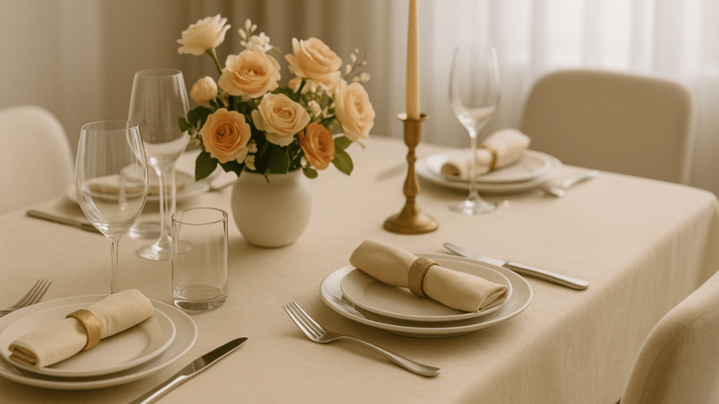 Mesa posta elegante com toalha em tom neutro, pratos brancos com guardanapos de tecido e porta-guardanapos dourados, taças de vidro e um arranjo central de flores em tons de pêssego e branco ao lado de um castiçal com vela, iluminada por luz natural suave.