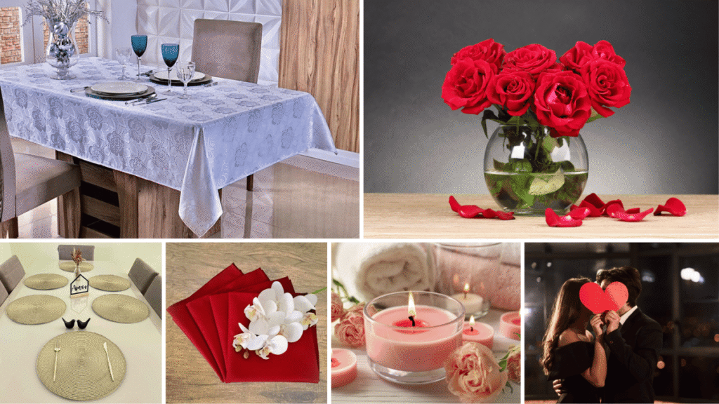 Inspiração de mesa posta clássica para o Dia dos Namorados com toalha branca, sousplats redondos e guardanapos vermelhos decorativos.