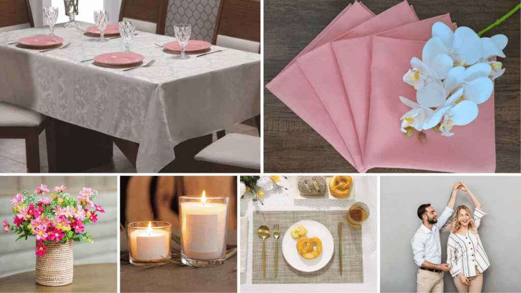 Mesa posta romântica com estilo delicado e suave, com toalha branca, pratos rosas, guardanapos rosé, flores e velas decorativas.