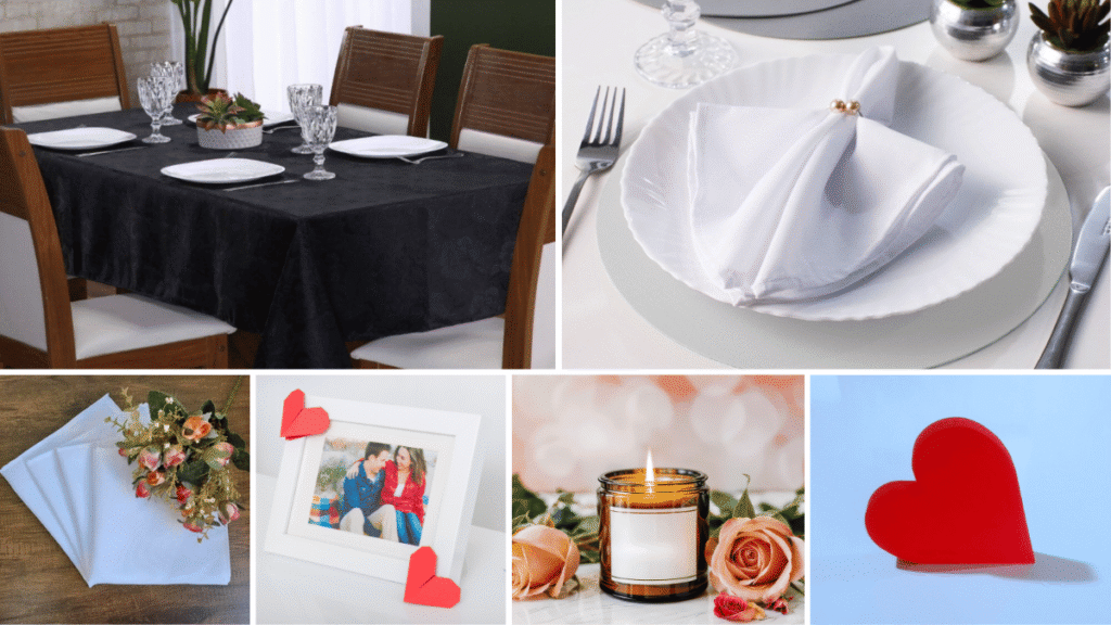 Mesa posta moderna e minimalista com toalha preta, guardanapos brancos e elementos personalizados como velas e porta-retratos com foto do casal.