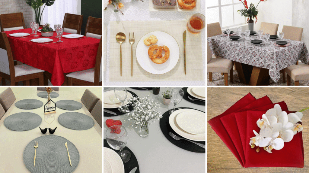 Variações de mesa posta romântica com toalhas de mesa estampadas e coloridas, sousplats e guardanapos vermelhos, arranjos florais e utensílios dourados para o Dia dos Namorados.