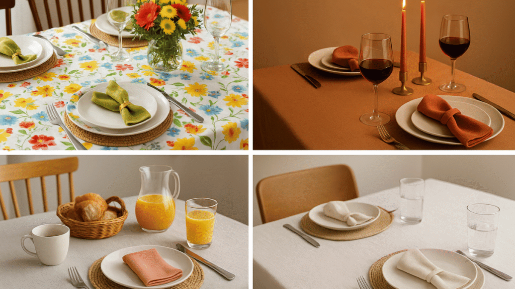 Montagem horizontal com quatro estilos de mesa posta: no canto superior esquerdo, uma mesa colorida com toalha floral, pratos brancos e guardanapos verdes; no canto superior direito, uma mesa para jantar romântico com toalha terracota, velas acesas, taças de vinho e guardanapos laranja; no canto inferior esquerdo, uma mesa de café da manhã com cesta de pães, suco de laranja e guardanapo rosa; e no canto inferior direito, uma mesa minimalista com tons neutros, guardanapos brancos e copos de água.