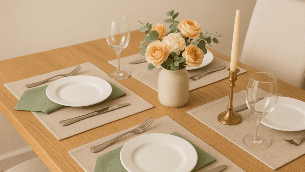 Mesa posta em uma decoração minimalista e aconchegante, com tampo de madeira clara, jogos americanos bege, pratos brancos centralizados, guardanapos de tecido verde posicionados sob os pratos, talheres de inox alinhados corretamente e taças de vidro. No centro, um arranjo de flores em tons de pêssego e branco dentro de um vaso neutro, acompanhado de um castiçal dourado com vela, tudo iluminado por luz natural suave.