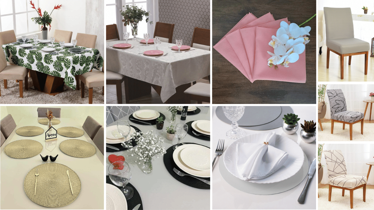 Montagem com diferentes produtos para mesa posta e decoração de cadeiras: inclui mesas decoradas com toalhas estampadas e lisas, jogos americanos, guardanapos de tecido rosa, arranjos de flores e sousplats. Também apresenta modelos variados de capas para cadeiras, com cores neutras, estampas florais e geométricas, além de detalhes de composição com pratos, taças e elementos decorativos como mini vasos e velas.