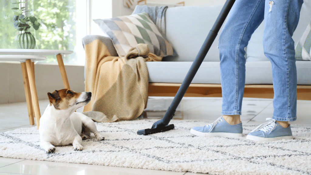 Pessoa aspirando tapete claro na sala, com cachorro deitado ao lado observando.