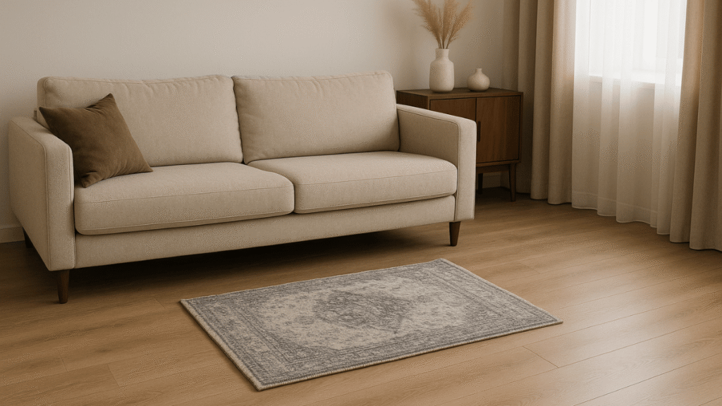 Sala com sofá bege e tapete visivelmente pequeno e desproporcional ao ambiente.