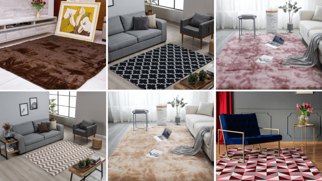 Montagem com seis salas decoradas, cada uma exibindo um tapete diferente em cores, texturas e estilos variados.