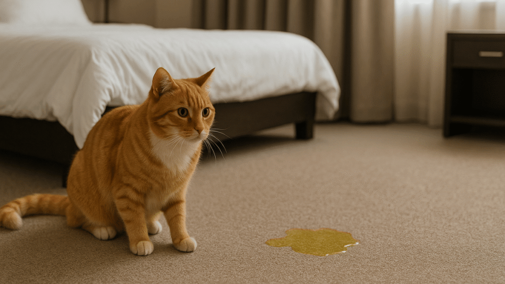 Gato laranja sentado no carpete de um quarto de hotel, próximo a uma poça de xixi no chão, com uma cama de casal ao fundo.
