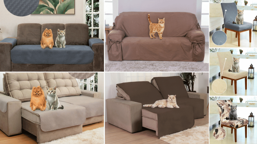Montagem com diferentes modelos de capas protetoras da Charme do Detalhe aplicadas em sofás e cadeiras, com cães e gatos sobre os móveis, demonstrando conforto e proteção contra pelos e sujeiras.