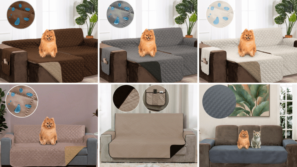 Montagem com seis imagens de protetores de sofá impermeáveis em diferentes cores e estilos, todos com acabamento acolchoado. Alguns sofás têm cães ou gatos sentados, e há destaque para detalhes como resistência à água, bolsos laterais e tecidos dupla face.
